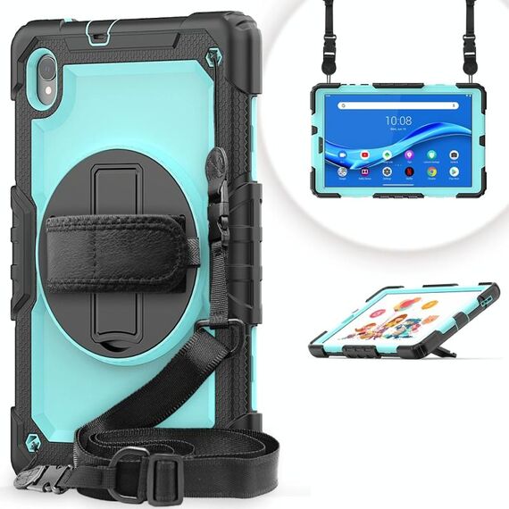 Per Lenovo Tab M10 HD TB-X306X Antifurto colorato in silicone + PC Cassa del tablet protettiva con supporto e tracolla e cinturino a mano (Black Light Blue)