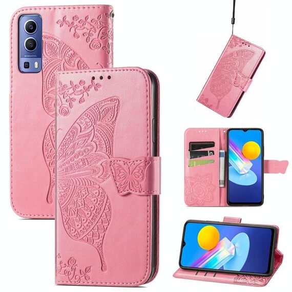 Per Vivo Y72 5G Butterfly Amore fiori in rilievo in gita in cuoio orizzontale in pelle con supporto e carte slot e portafoglio e cordino (rosa)