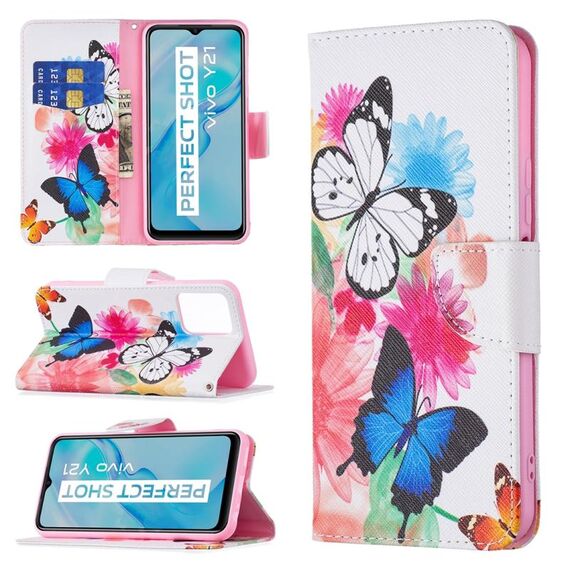 Per vivo Y21 Disegno colorato Pattern Horizontal flip Phone custodia in pelle con supporto e carte e portafoglio (farfalle)