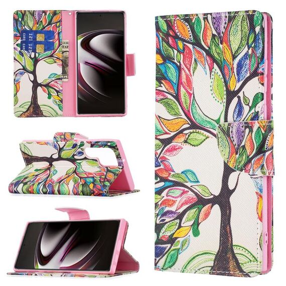 Per Samsung Galaxy S22 Ultra 5G modello di disegno colorato modello flip in pelle flip con titolare e slot per schede e portafoglio (albero di albero)