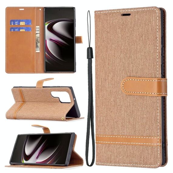 Per Samsung Galaxy S22 Ultra 5G Colour Colour Denim Texture Case in pelle con supporto e carte Slot & Portafoglio e cordino (Brown)