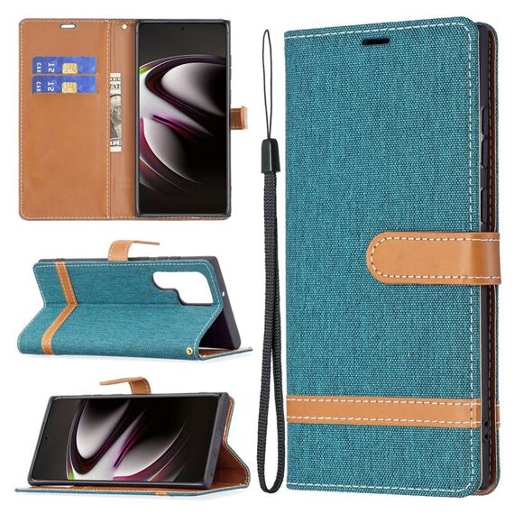 Per Samsung Galaxy S22 Ultra 5G Colour Colour Denim Texture Custodia in pelle con supporto e carte Slot & Portafoglio e cordino (verde)