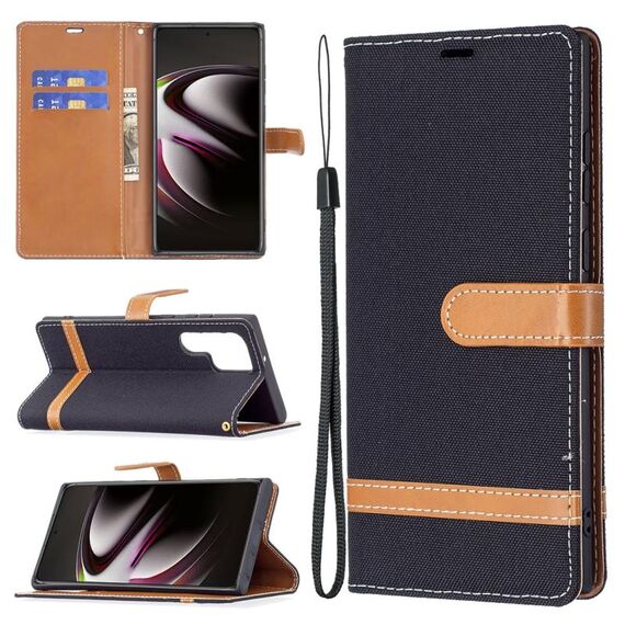 Per Samsung Galaxy S22 Ultra 5G Colour Color Colour Denim Texture Case in pelle con supporto e carte Slot & Portafoglio e cordino (nero)