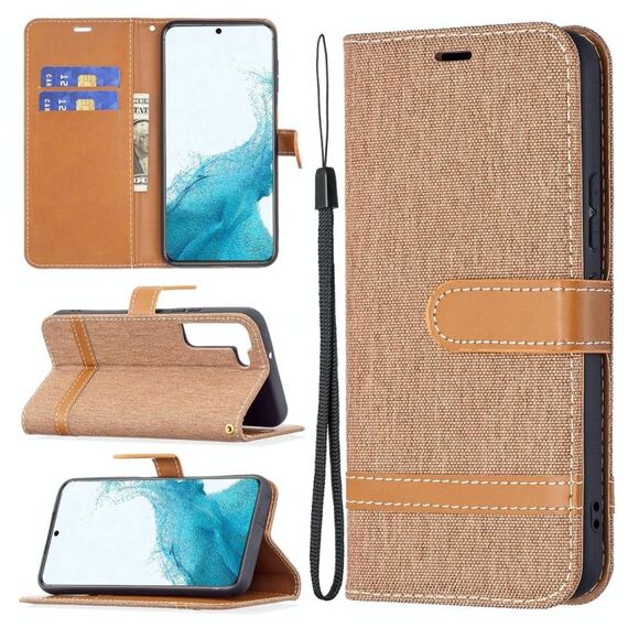 Per Samsung Galaxy S22 + 5G Colour Color Colour Denim Texture Case in pelle con supporto e carte Slot & Portafoglio e cordino (Brown)