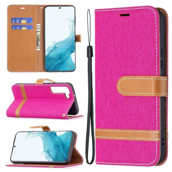 Per Samsung Galaxy S22 + 5G Colour Colour Denim Texture Custodia in pelle con supporto e carte Slot & Portafoglio e cordino (Rose Red)