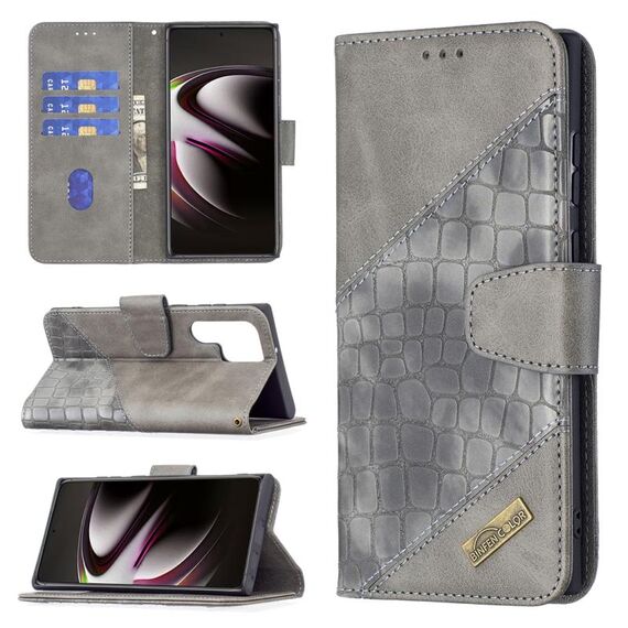 Per Samsung Galaxy S22 Ultra 5G Colore corrispondente Colore Coccodrillo Texture in pelle Cassa del telefono con supporto e carta Slot & Portafoglio (Grigio)