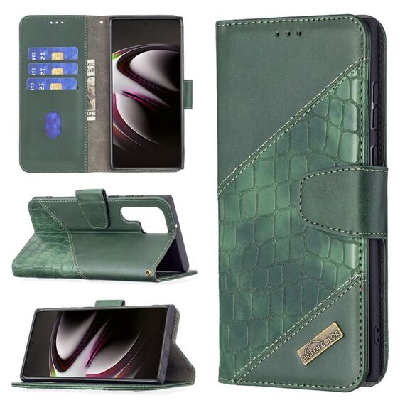 Per Samsung Galaxy S22 Ultra 5G Colore corrispondente Coccodrillo Texture in pelle Cassa del telefono con supporto e carte slot e portafoglio (verde)