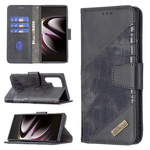 Per Samsung Galaxy S22 Ultra 5G Colore corrispondente Colore coccodrillo Texture in pelle Cassa del telefono con supporto e carte Slot & Portafoglio (nero)