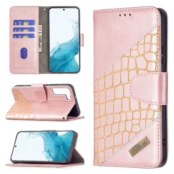 Per Samsung Galaxy S22 + 5G Colore abbinabile Colore coccodrillo Texture in pelle Cassa del telefono con supporto e carte Slot & Portafoglio (oro rosa)