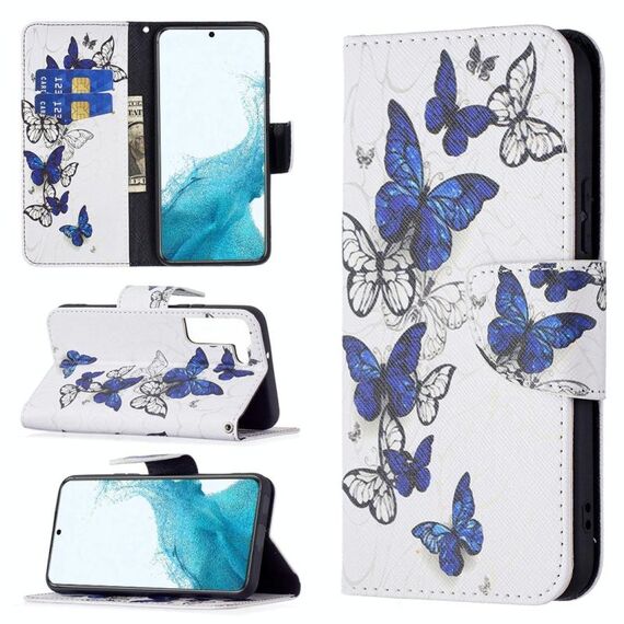 Per Samsung Galaxy S22 + 5G colorato modello disegno orizzontale flip custodia in pelle con titolare e slot per schede e portafoglio (farfalle blu)