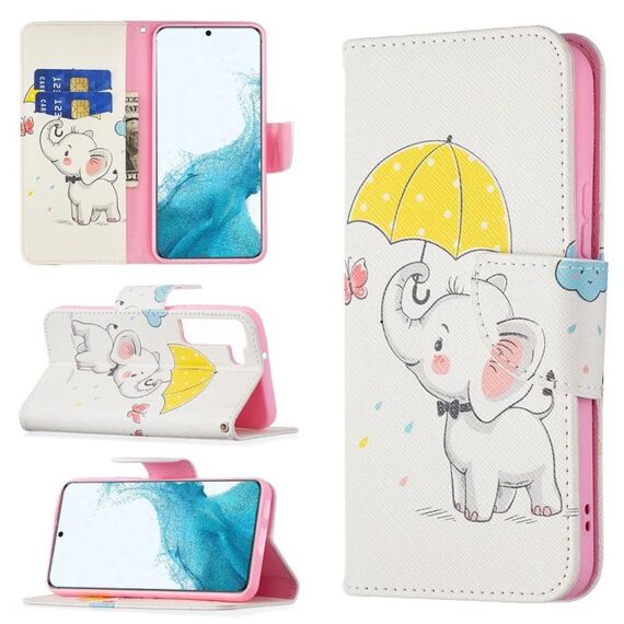 Per Samsung Galaxy S22 + 5G colorato modello disegno orizzontale flip custodia in pelle con titolare e slot per schede e portafoglio (ombrello elefante)