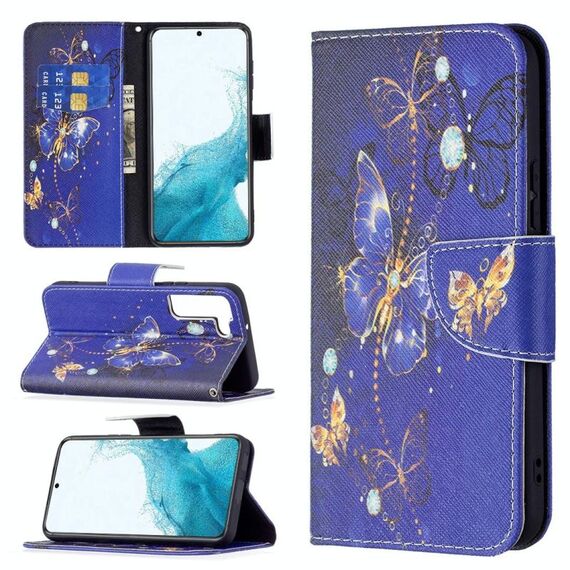 Per Samsung Galaxy S22 + 5G colorato modello disegno orizzontale flip custodia in pelle con supporto e carta slot e portafoglio (farfalla viola)