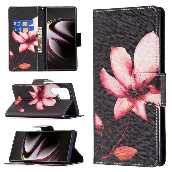 Per Samsung Galaxy S22 Ultra 5G Modello di disegno colorato in pelle orizzontale flip custodia con supporto e carte e portafoglio (Lotus)