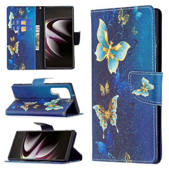 Per Samsung Galaxy S22 Ultra 5G colorato modello di disegno orizzontale flip custodia in pelle con supporto e carta slot e portafoglio (farfalla in oro)