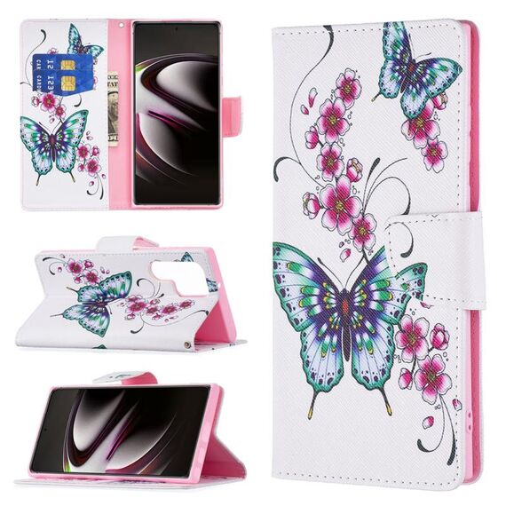 Per Samsung Galaxy S22 Ultra 5G Colorato Disegno a colori Disegno orizzontale Flip Phone Custodia con titolare e slot per schede e portafoglio (farfalla di peach Blossom)