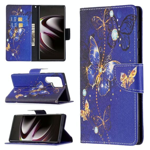 Per Samsung Galaxy S22 Ultra 5G modello di disegno colorato modello orizzontale flip custodia in pelle con titolare e slot per schede e portafoglio (farfalla viola)
