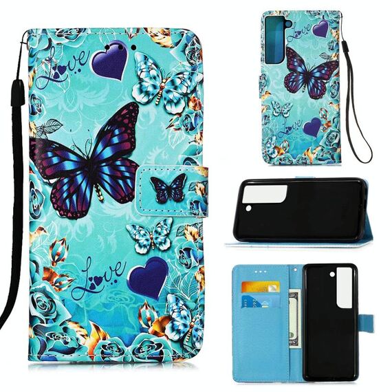 Per Samsung Galaxy S22 + 5G colorato disegno modello in tessuto in pelle con telaio in pelle con supporto e carta Slot & Portafoglio e cordino (farfalla cuore)