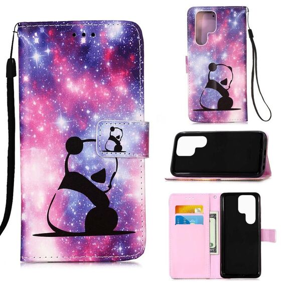 Per Samsung Galaxy S22 Ultra 5G Pattern di disegno colorato Modello Pianurale Telefono in pelle con supporto e carta Slot & Portafoglio e cordino (Baby Panda)