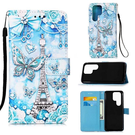 Per Samsung Galaxy S22 Ultra 5G Colorato Disegno Modello Plain Weave Telefono in pelle con supporto e carta Slot & Portafoglio e cordino (Torre Butterfly)