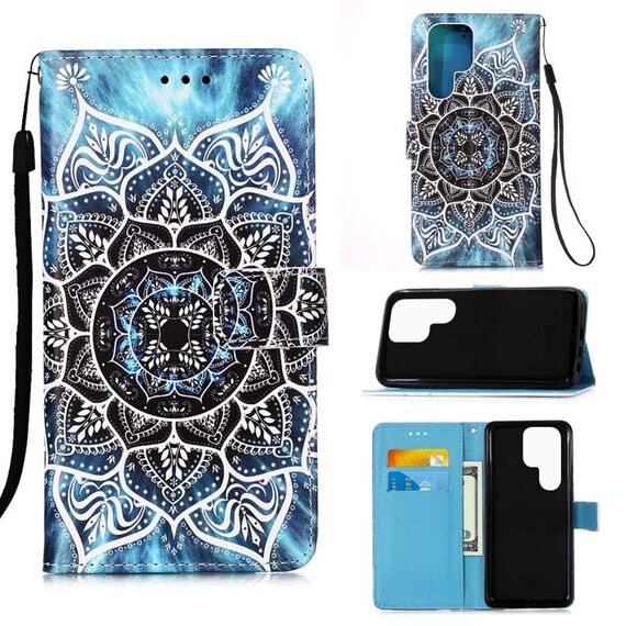Per Samsung Galaxy S22 Ultra 5G Disegno colorato Pattern Plain Weave Telefono in pelle con supporto e carta Slot & Portafoglio e cordino (Sodesea Mandala)