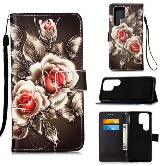 Per Samsung Galaxy S22 Ultra 5G Colorato Disegno Modello Plain Weave Telefono in pelle con supporto e carta Slot & Portafoglio e cordino (Rose)