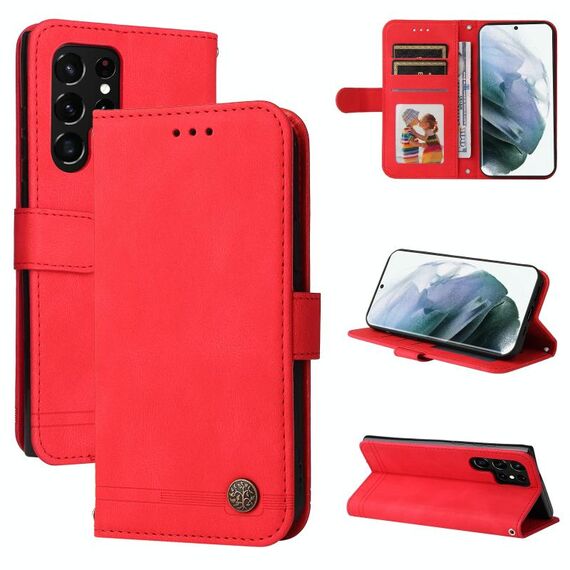 Per Samsung Galaxy S22 Ultra Skin Feel Life Tree Tree Pulsante in metallo orizzontale flip custodia in pelle flip (rosso)