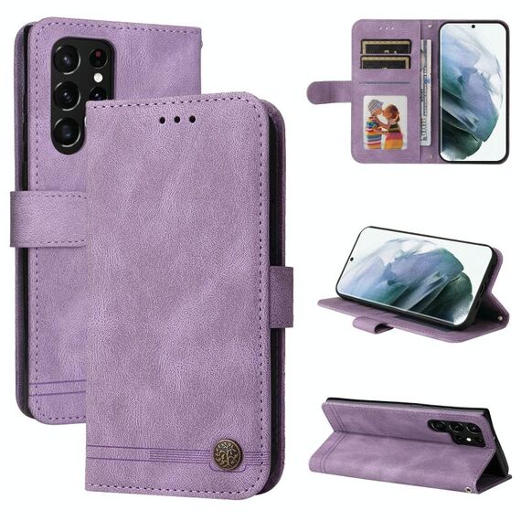 Per Samsung Galaxy S22 Ultra Skin Feel Life Tree Tree Pulsante Metallo orizzontale Cassa del telefono in pelle flip (viola)