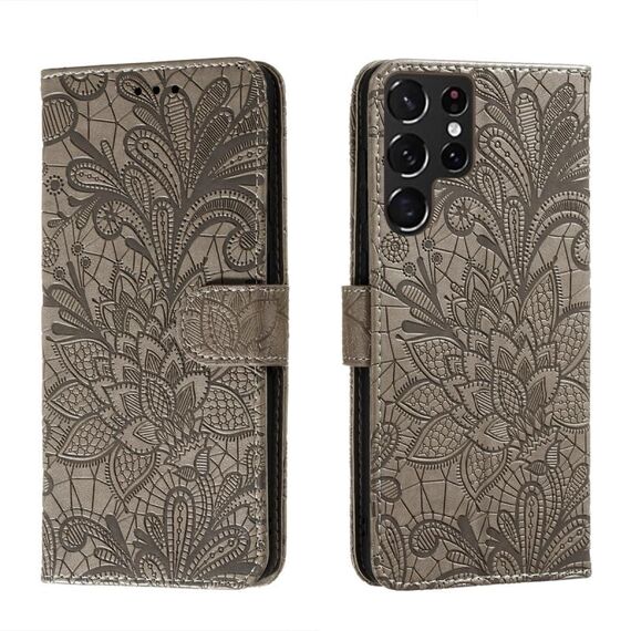 Per Samsung Galaxy S22 Ultra 5G Cassa del telefono in pelle di pizzo con titolare e carte e portafoglio e cornice fotografica (grigio)