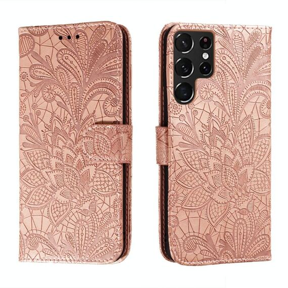 Per Samsung Galaxy S22 Ultra 5G Cassa del telefono in pelle di pizzo con titolare e carta Slot & Portafoglio e cornice per foto (oro rosa)