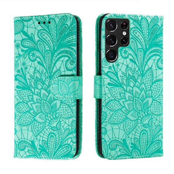 Per Samsung Galaxy S22 Ultra 5G Cassa del telefono in pelle di pizzo con supporto e carta Slot e portafoglio e cornice fotografica (verde)