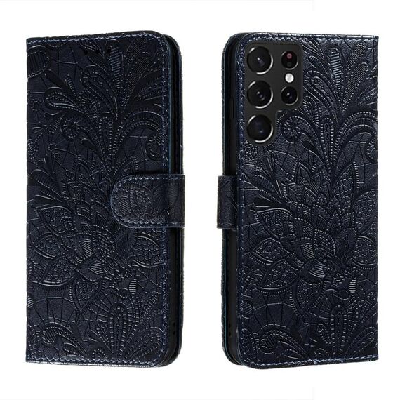 Per Samsung Galaxy S22 Ultra 5G Cassa del telefono in pelle di pizzo con titolare e carta Slot & Portafoglio e cornice fotografica (blu scuro)