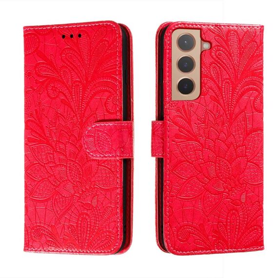 Per Samsung Galaxy S22 + 5G Cassa del telefono in pelle di pizzo con supporto e carta Slot e portafoglio e cornice fotografica (rosso)