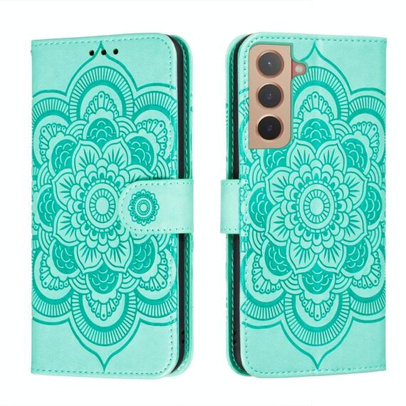 Per Samsung Galaxy S22 5G Sun Mandala Embossing Pattern Telefono Custodia in pelle con supporto e carte Slot & Portafoglio e cordino (verde)