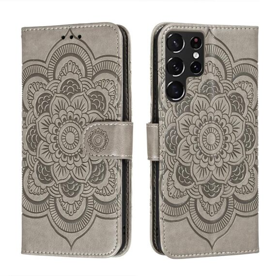 Per Samsung Galaxy S22 Ultra 5G Sun Mandala Embossing Pattern Cassa in pelle con supporto e carte Slot & Portafoglio e cordino (grigio)