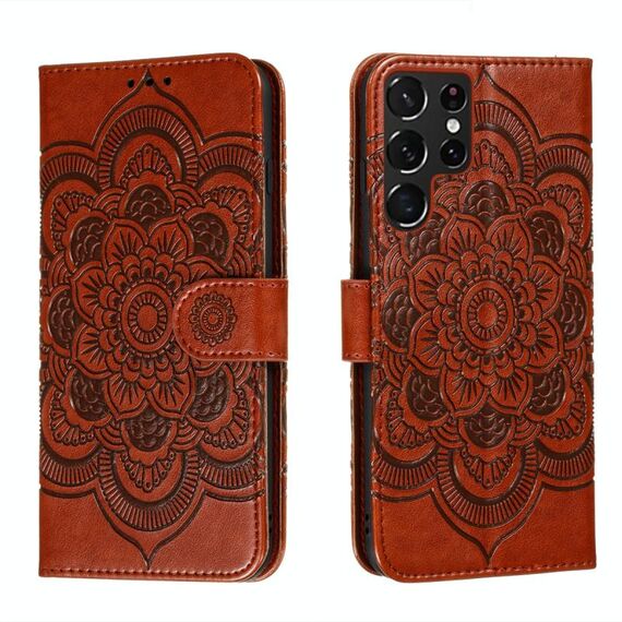 Per Samsung Galaxy S22 Ultra 5G Sun Mandala Embossing Pattern Telefono Custodia in pelle con supporto e carte Slot & Portafoglio e cordino (Brown)