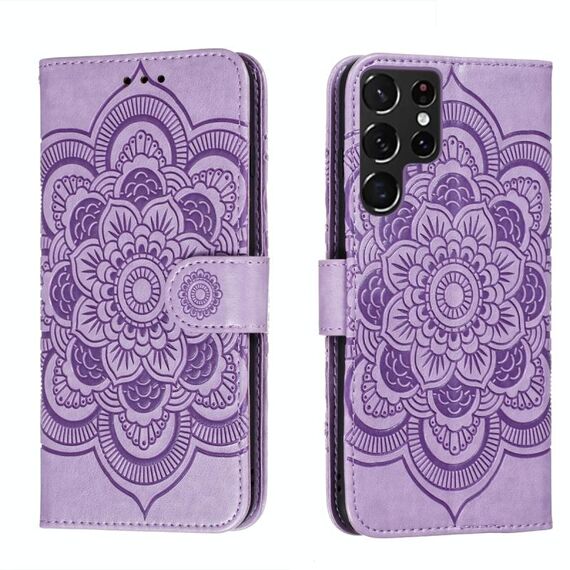 Per Samsung Galaxy S22 Ultra 5G Sun Mandala Embossing Pattern Telefono Caso in pelle con supporto e carte Slot & Portafoglio e cordino (viola)