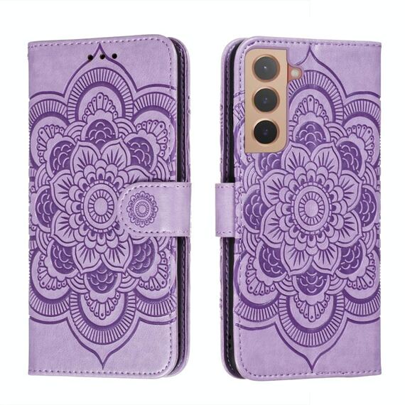 Per Samsung Galaxy S22 + 5g Sun Mandala Embossing Pattern Caso in pelle con supporto e carte Slot & Portafoglio e cordino (viola)