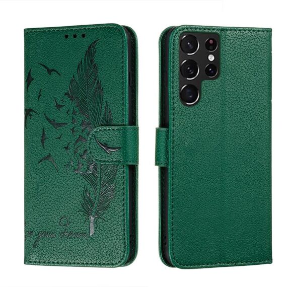 Per Samsung Galaxy S22 Ultra 5G Pattern di piuma di piume Litchi texture custodia in pelle con supporto e carte slot e portafoglio (verde)