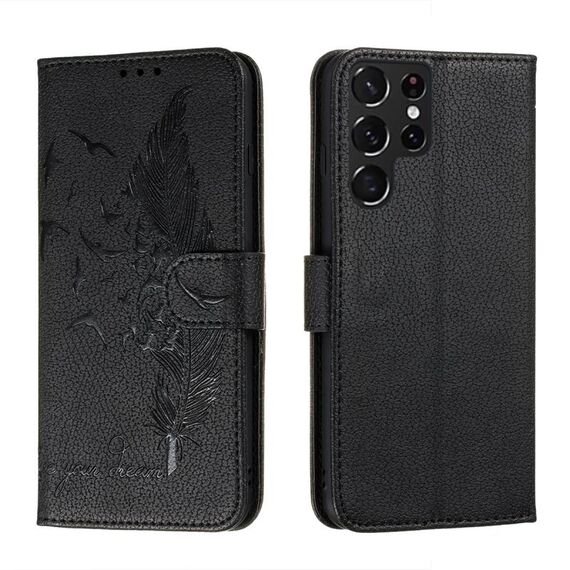 Per Samsung Galaxy S22 Ultra 5G Pattern di piume Litchi Texture in pelle Telefono in pelle con supporto e carte Slot & Portafoglio (nero)