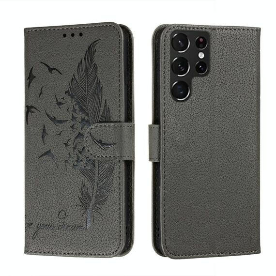 Per Samsung Galaxy S22 Ultra 5G Pattern Feather Pattern Litchi Texture in pelle Cassa del telefono con supporto e carte Slot & Portafoglio (Grigio)