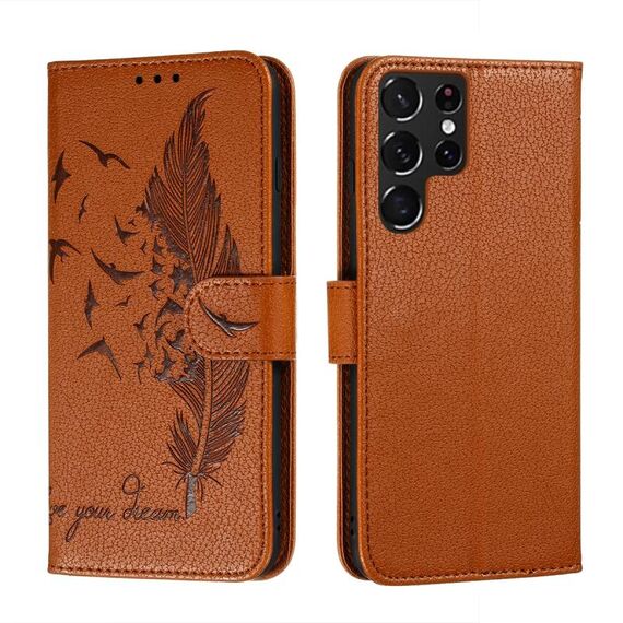 Per Samsung Galaxy S22 Ultra 5G Pattern di piume Litchi Texture in pelle Cassa del telefono con supporto e carte Slot e portafoglio (Brown)
