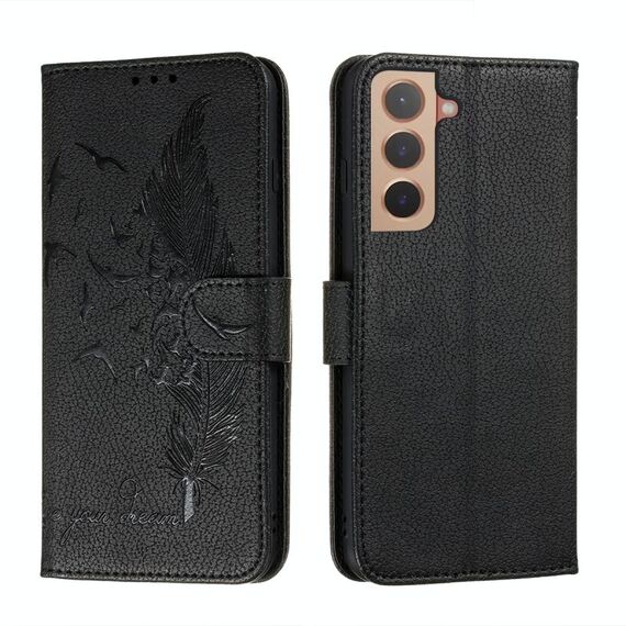 Per Samsung Galaxy S22 + 5G Pattern di piume Litchi Texture Telefono in pelle con titolare e slot per schede e portafoglio (nero)