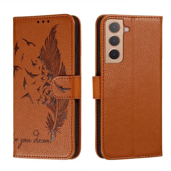 Per Samsung Galaxy S22 + 5G Pattern di piume Litchi Texture in pelle Cassa del telefono con supporto e carte e portafoglio (Brown)