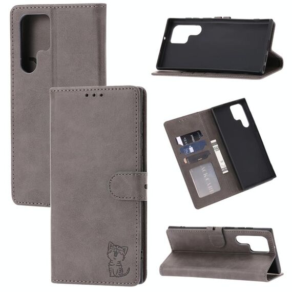 Per Samsung Galaxy S22 Ultra 5G Embossed Happy Cat Pattern Pelle Custodia in pelle (grigio)