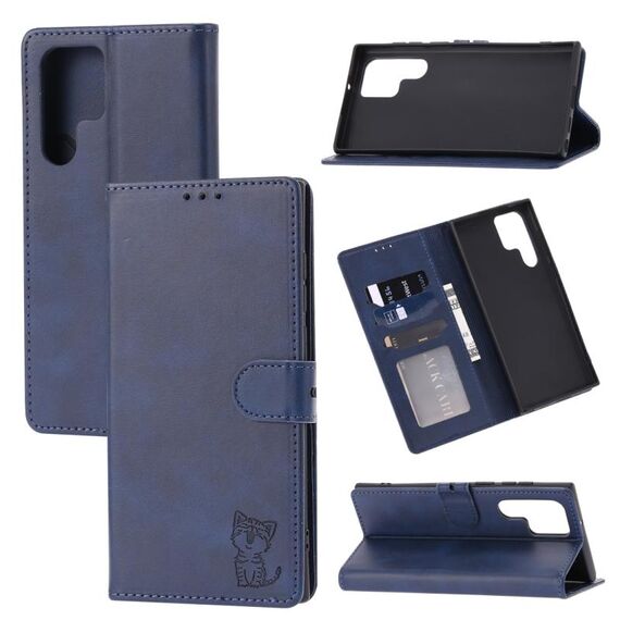 Per Samsung Galaxy S22 Ultra 5G Embossed Happy Cat Pattern Pelle Custodia in pelle (blu)