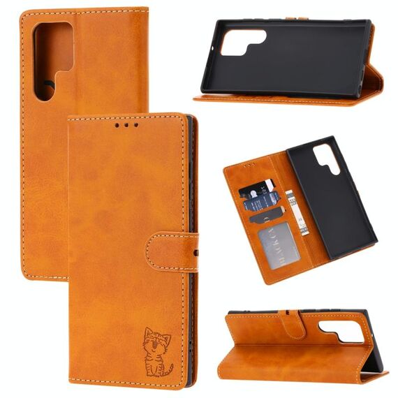 Per Samsung Galaxy S22 Ultra 5G Embossed Happy Cat Pattern Custodia in pelle (giallo)