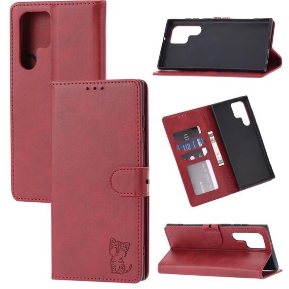 Per Samsung Galaxy S22 Ultra 5G Embossed Happy Cat Pattern Pelle Custodia in pelle (rosso)