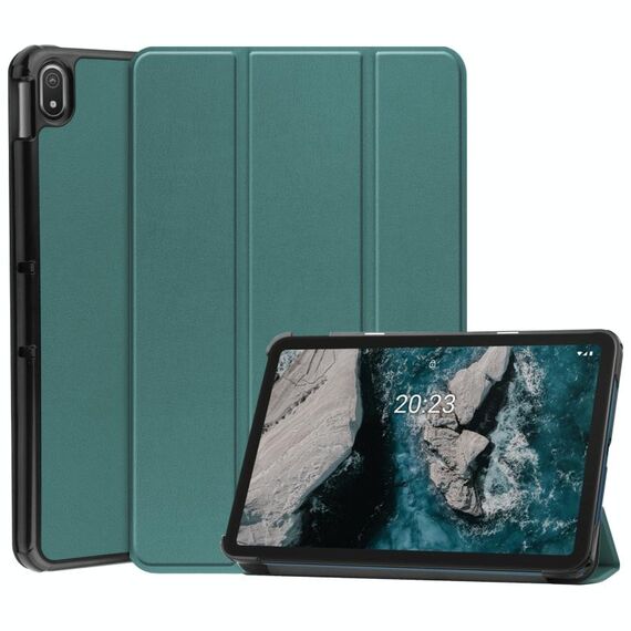 Per Nokia T20 Three-Piewing Supporto Custer Struttura in pelle Tablet Case (verde scuro)