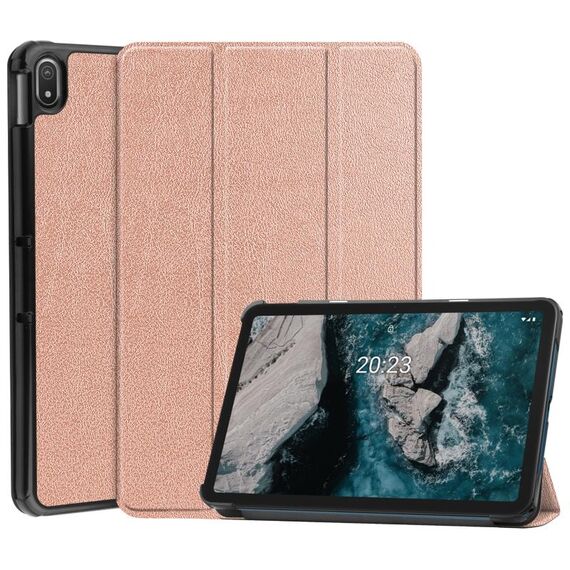 Per Nokia T20 Tre-Pieghevole Titolare custer Struttura in pelle Tablet Case (oro rosa)