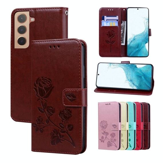 Per Samsung Galaxy S22 5G Cassa del telefono in pelle con rilievo rosa (marrone)